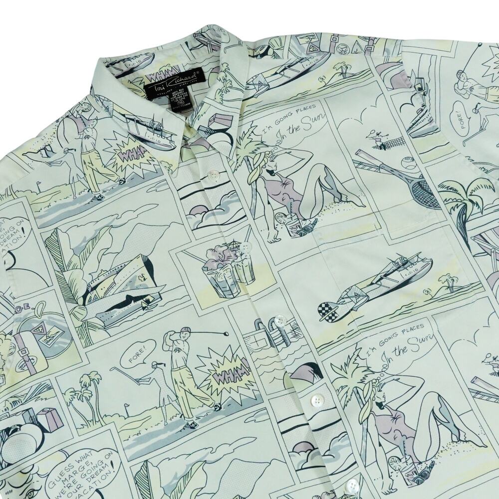 Tori Richard Silk Comic Book Golf Tropical Hawaiian Button Up Shirt Men's XXL